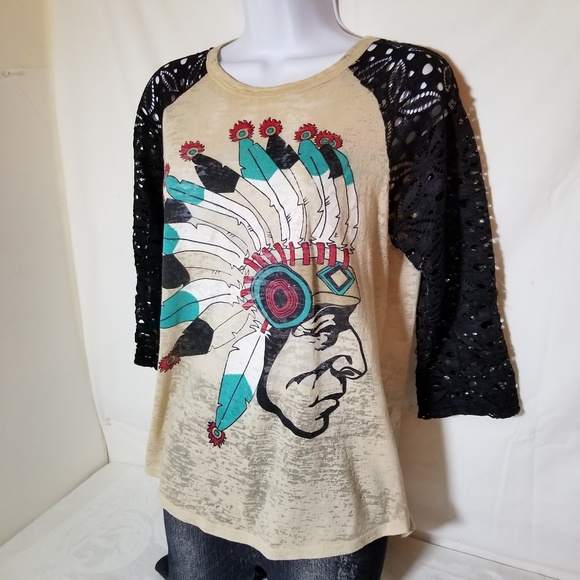 Southern Grace Blk/Beige Lace Tee Shirt Sz M EUC - Picture 2 of 4